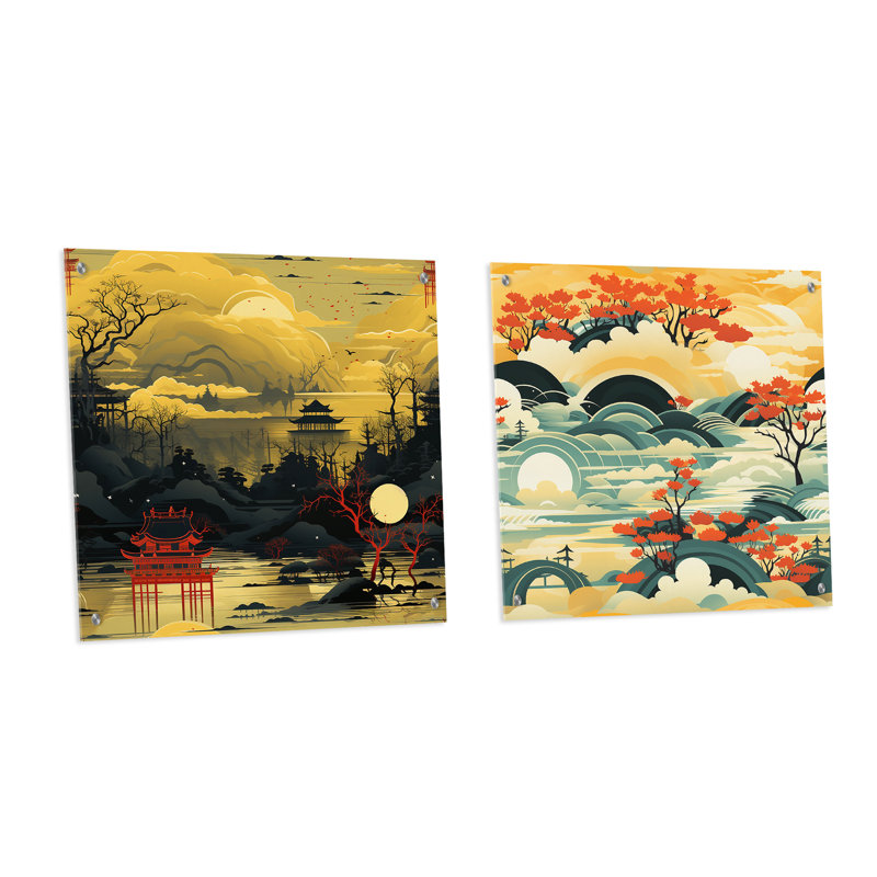 Porte de torii jaune, motif japonais - ensemble d'acryliques sur verre japonais, ensemble de 2, H 30 po x l 61 po