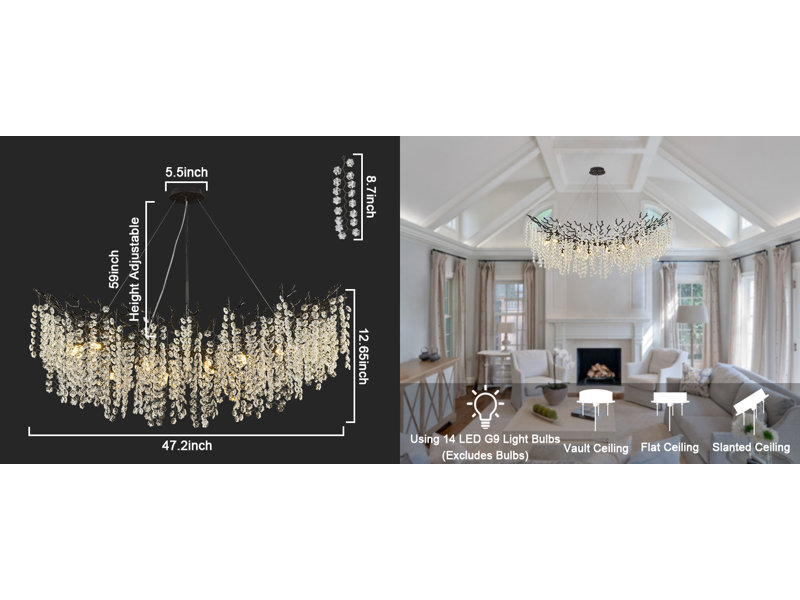 Tree Branch Snow Crystal Chandelier Lighting 47"L, Black/White