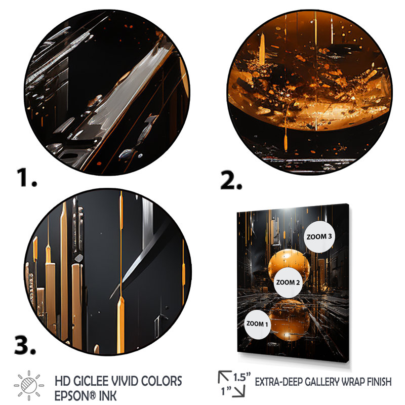 «Black and Gold Spiral Graffiti II - Abstract Collages», art mural, Toile tendue, H 32 po x l 16 po