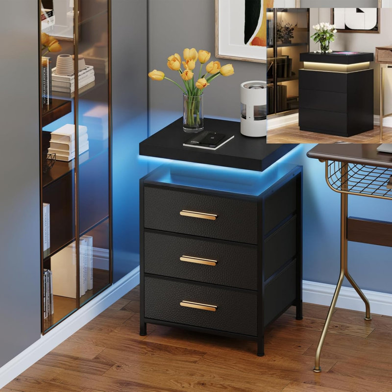 3 Drawers Black Nightstand With Smart Led, Black