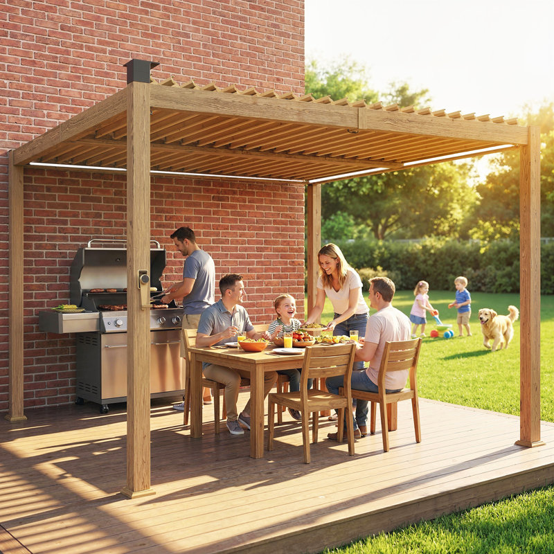 Louvered Pergola with Solar LED lights, 10' x 10' Outdoor Pergola Metal Patio Hardtop Gazebo with Adjustable Metal Louvered Roof, Drainage Gutters, Handle for Deck, Brown