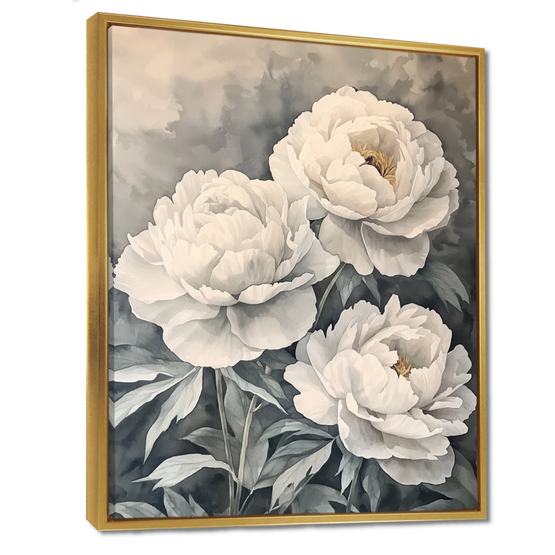 Art mural rétro, pivoines à l'ombre, H 20 po x l 12 po, Reproduction avec cadre flottant, Doré