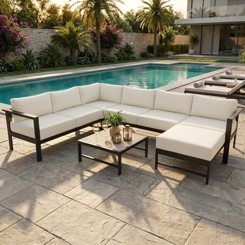 Canapé modulaire d'extérieur de 114 po en forme de U avec coussins de 6 po d'épaisseur, ensemble de conversation de patio moderne avec structure en fer, 6 sièges