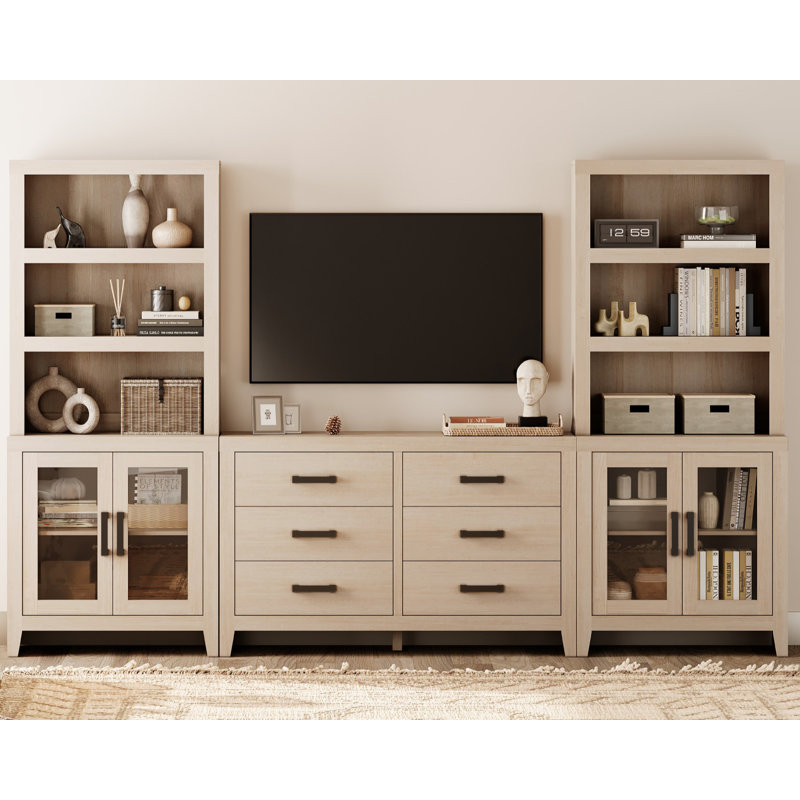Entertainment Center With Bookshelves, Farmhouse TV Stand For 75 Inch TV, Wood Media Console With Glass Doors And 6 Storage Drawers For Living Room, Bedroom, Beige