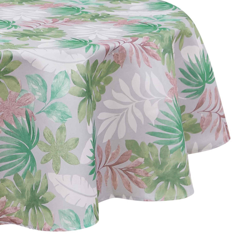 70" Round Gray and Green Polyester Tablecloth with Tropical Print