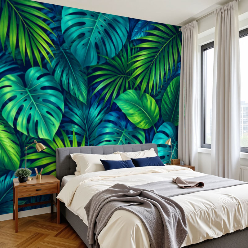 Papier peint adhésif auto-adhésif moderne pour la chambre à coucher Peel and Stick L 69 po x l 96 po avec feuilles de palmier tropicales vertes turquoise
