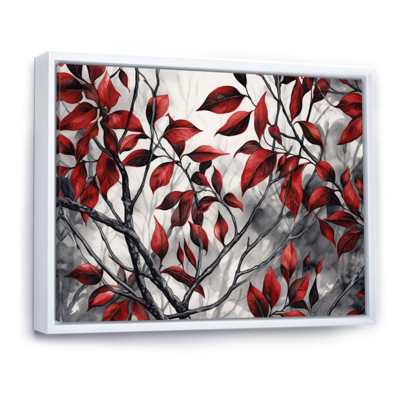 Imprimé de feuilles rouges et grises sur un arbre VI, Cadre flottant blanc, H 34 po x l 44 po x P 1,5 po