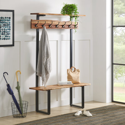 Banc en bois d'acacia massif avec tablettes de rangement et 7 crochets à manteau P 48 po H 72 po Pomona