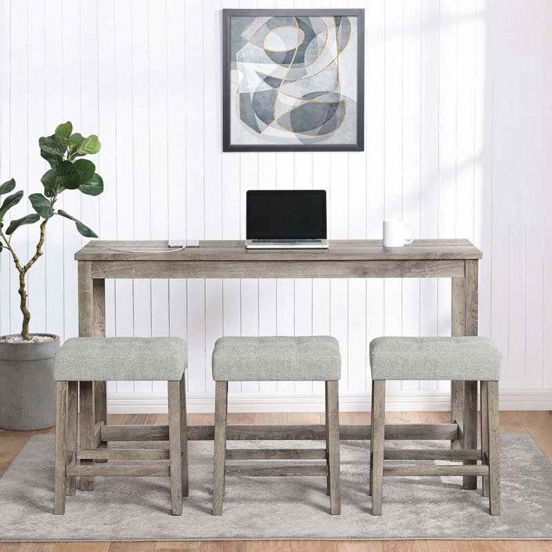 Bar Table Set with Power Outlet, Bar Table and Chairs Set, Brown