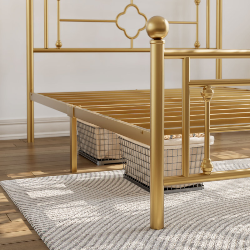 Twin Gold Metal Frame Bed with Headboard and Storage