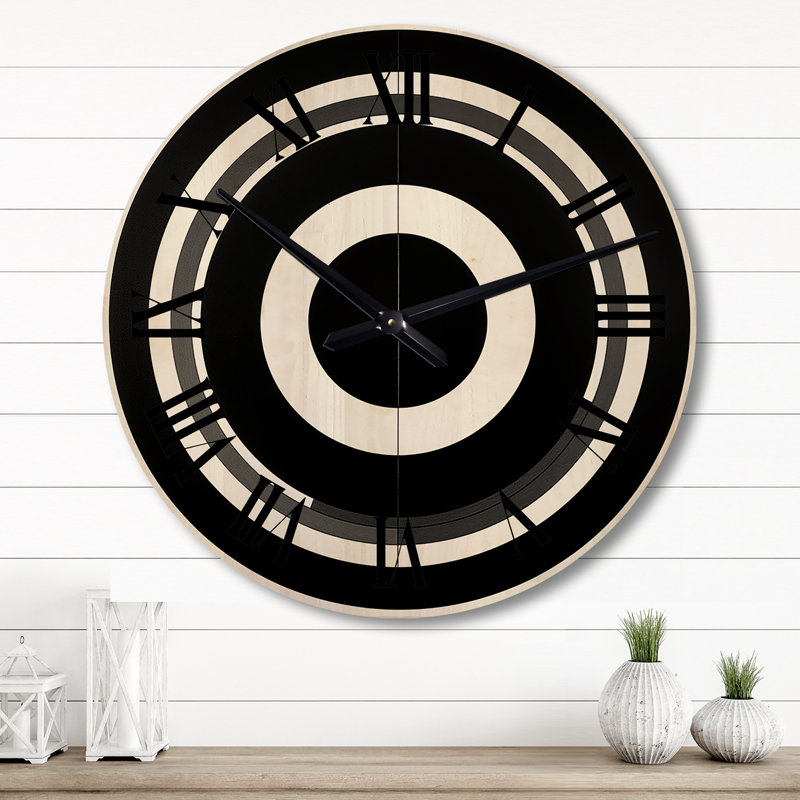 Bauhaus Black And White Circular Minimalism II - Modern Geometric Oversized Wood Wall Clock, Grand