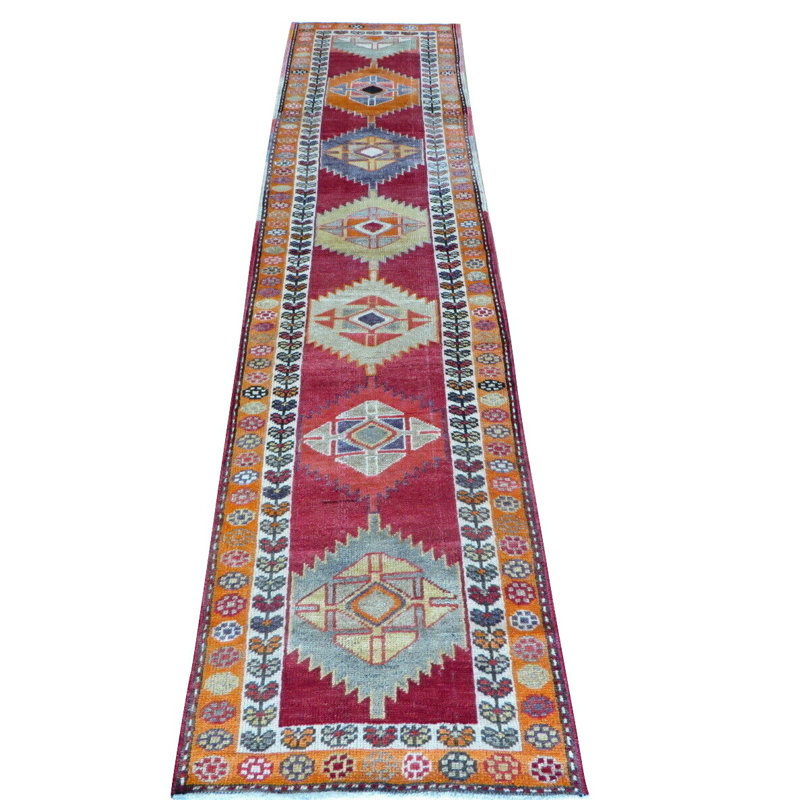 Tapis de couloir rouge en laine noué à la main de conception unique 2 pi 8 po x 11 pi 10 po Mailis