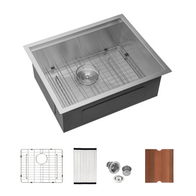 Évier de salle de lavage encastré à cuve simple - cuve simple en acier inoxydable de calibre 16 avec atténuation sonore de 23 po x 19 po x 13 po de profondeur
