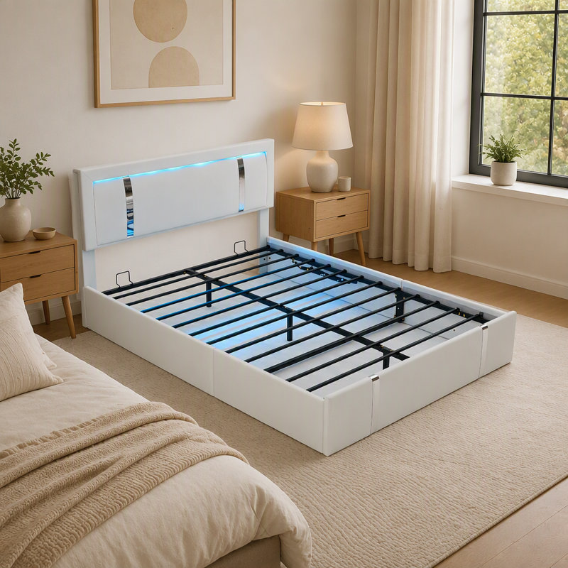 Lit plateforme relevable avec rangement intégré, revêtu de similicuir, tête de lit DEL RVB réglable, ports de chargement USB-C et sommier à lattes métalliques, lit moderne à assistance hydraulique