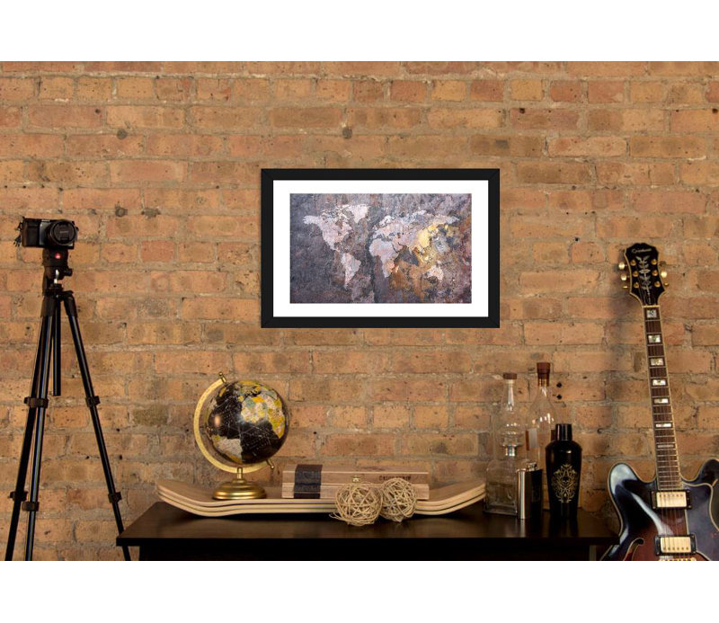 « world map on stone background », impression, H 24 po x l 32 po x P 1 po, Papier encadré noir