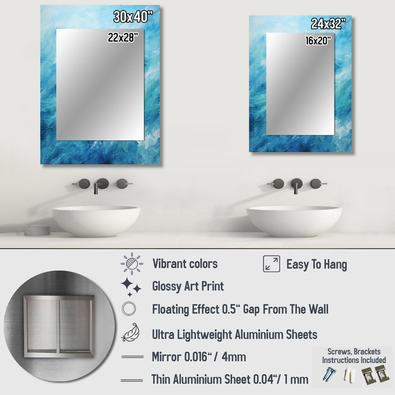 Azur bleu lagon Horizon I - miroir décoratif vagues, miroir mural bleu, impression d'art en métal, 32 po x 24 po