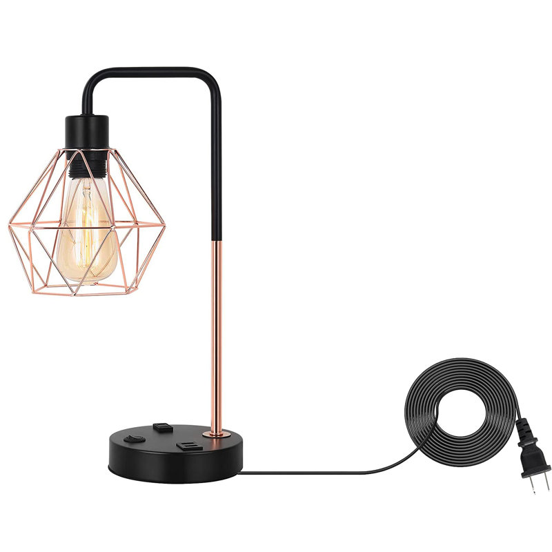 16.1" Black Arched Table Lamp with USB, Rose Gold
