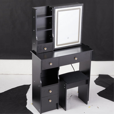 Small Size Left Drawer Desktop Vanity Table + Cushioned Stool, Large Sliding, Touch Control, Tri-Color Switching, Brightness Adjust LED Mirror, High C