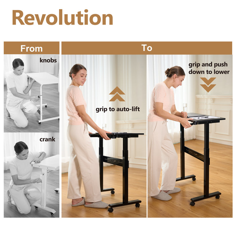 Non-Electric Auto-Lifting Standing Desk, No Knobs Or Crank, Rolling And Mobile, Black