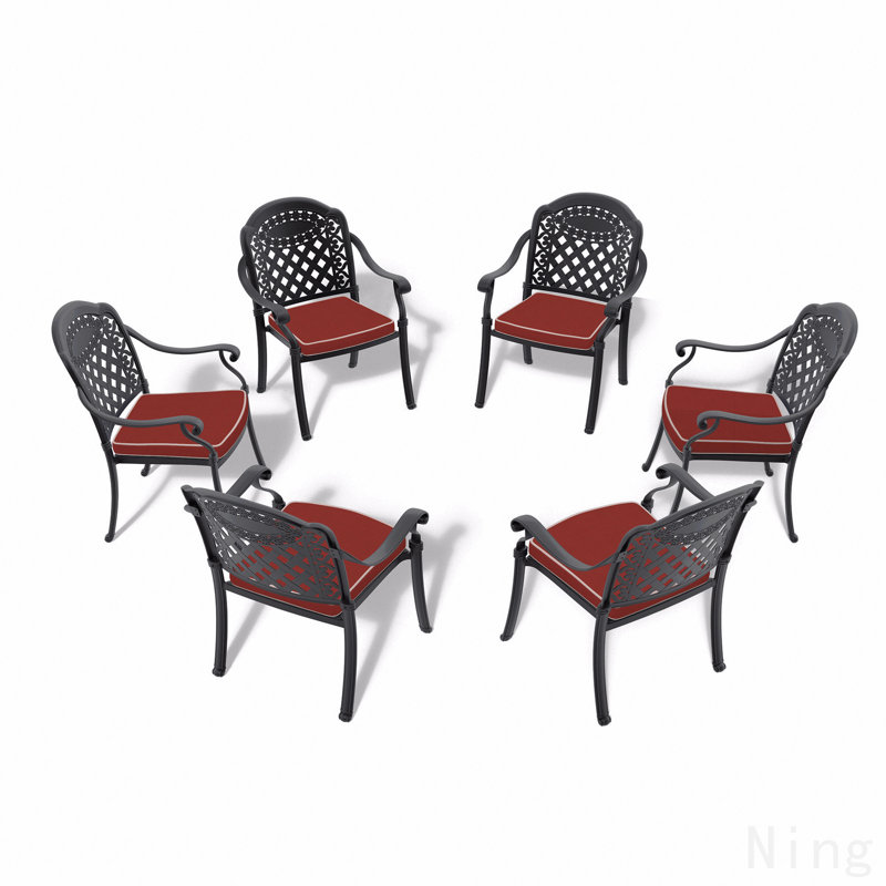 Chaise de patio en aluminium coulé 6 pièces avec cadre noir et coussins rouges, 6