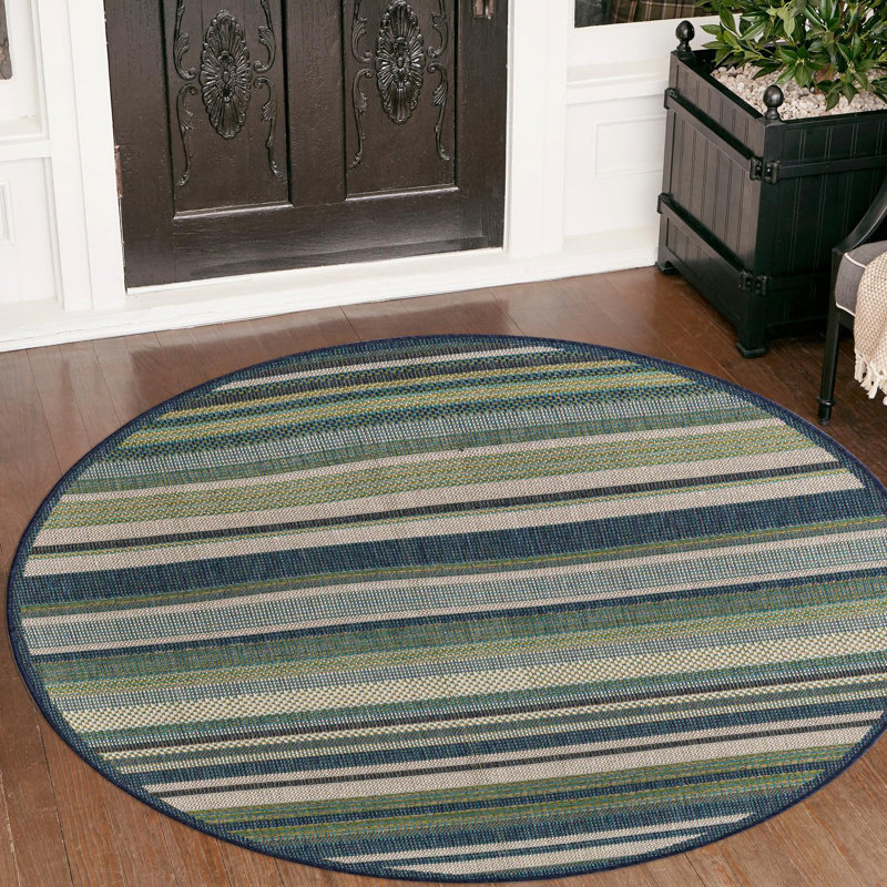 Tapis rayé vert / bleu intérieur / extérieur Tavon, Rond 10pi