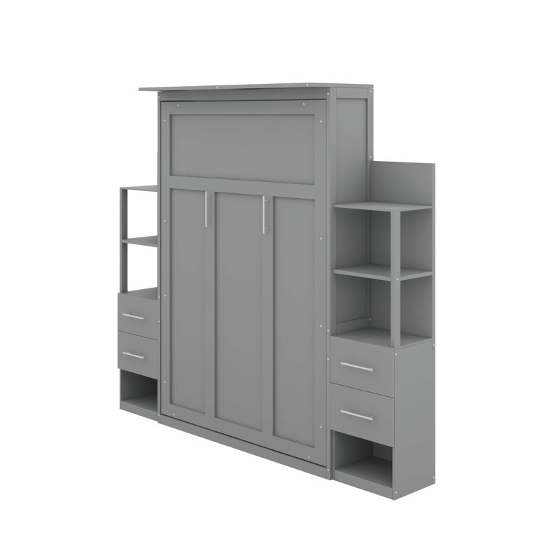 Lit escamotable double avec tablettes, tiroirs et DEL, Gris, Full