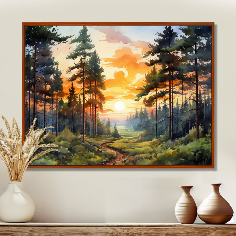 «Pine Tree Sunset Glow I», art encadré pin, H 16 po x l 32 po x P 1 po, Cadre flottant brun