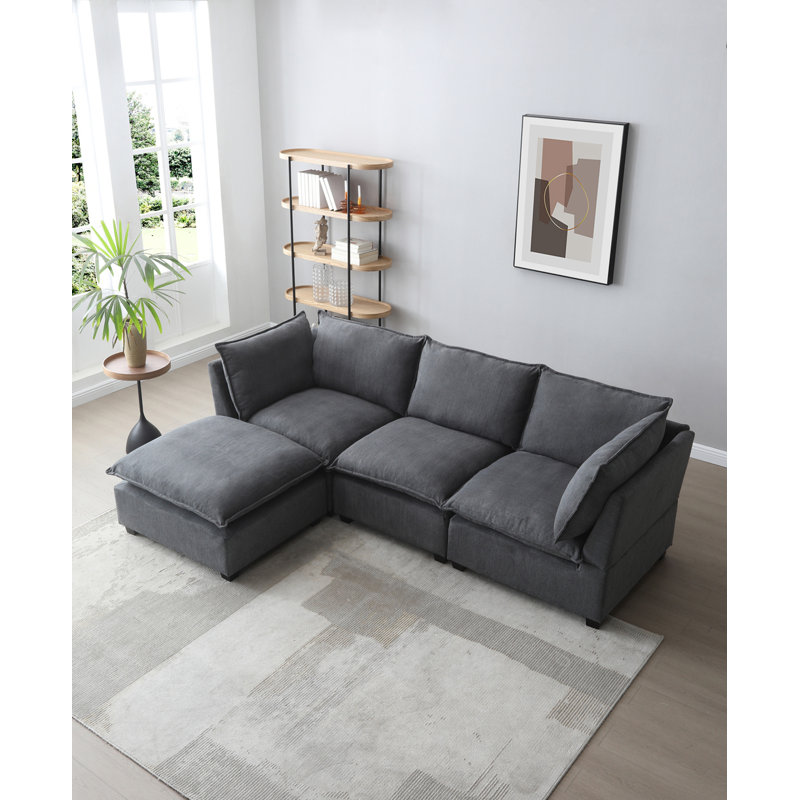 Ensemble de canapé d'angle en tissu de lin avec repose-pieds convertible Modern