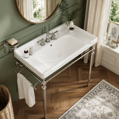 Vasque en céramique pour salle de bain, 91 cm (36 po), 3 trous prépercés, blanc, sans meuble