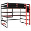 Structure de lit mezzanine en bois pleine grandeur avec bureau intégré, tablettes de rangement multiples et éclairage RVB personnalisable