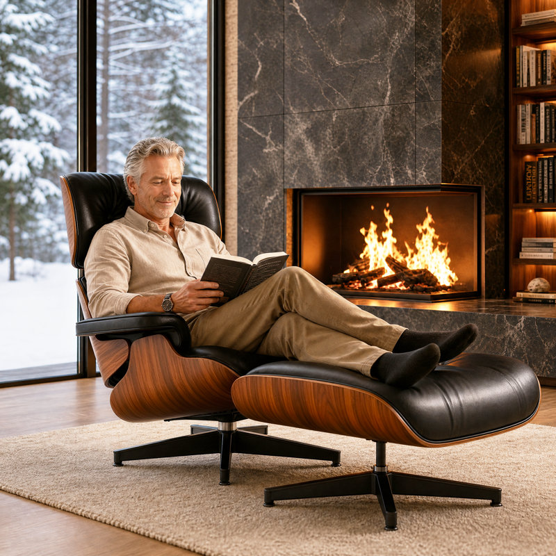 Mid Century Genuine Leather Recliner Lounge Chair with Ottoman and Solid Wood Frame for Living Room, Study Room, Guest Room 