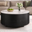Table basse ronde moderne mobile avec roulettes, 2 tiroirs, plateau en pierre frittée à motif marbre, noir-1257604042