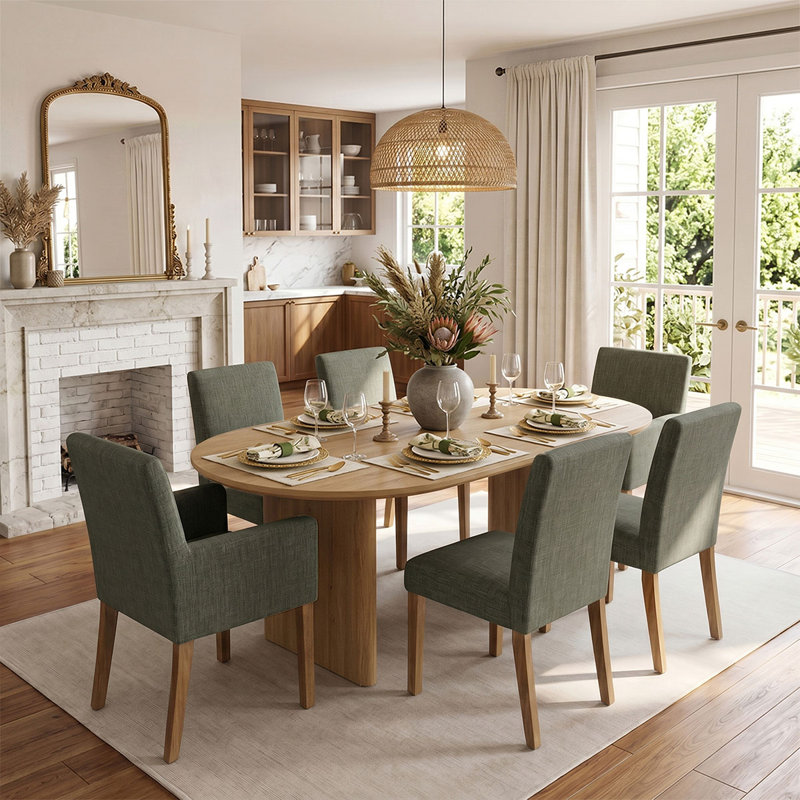 6-Piece Linen Upholstered Solid Wood Dining Chair Set, Dark Green