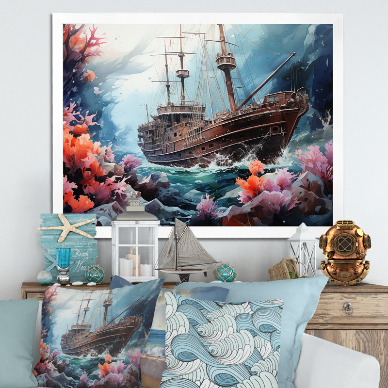 «Pirate Boat Under Water Memory II» - Décoration murale plage et océan, Cadre simple blanc, H 16 po x l 32 po x P 1 po