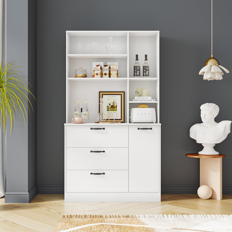 Armoire de cuisine sur pied avec 3 tiroirs et tablettes ouvertes