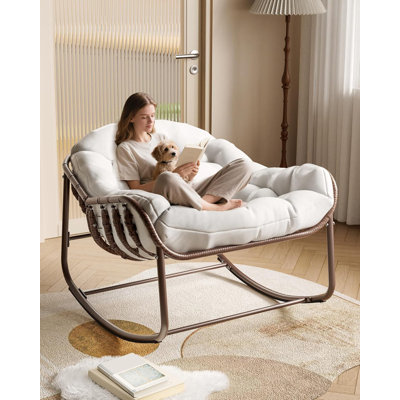 Outdoor Papasan Rocking Chair, Oversized Wicker Lounge Chair with Cushion and Metal Frame, Patio Rattan Egg Rocker for Balcony Backyard Porch Bedroom
