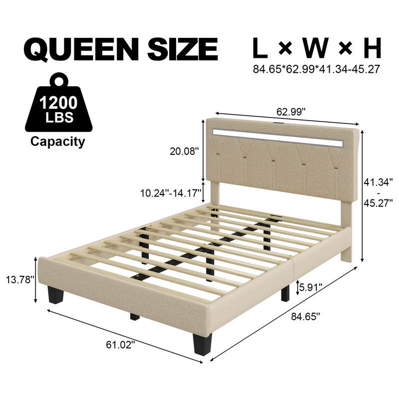 Santrese Upholstered Platform Bed Frame with Modern Headboard, Charging Station, No Box Spring Needed, Beige, Queen