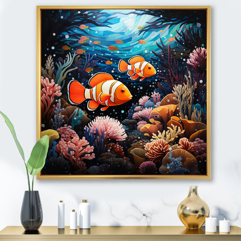 Orange Teal Clownfish Silent Underwater II - Animals Canvas Art Print, H 24 po x l 24 po x P 1 po, Cadre flottant doré