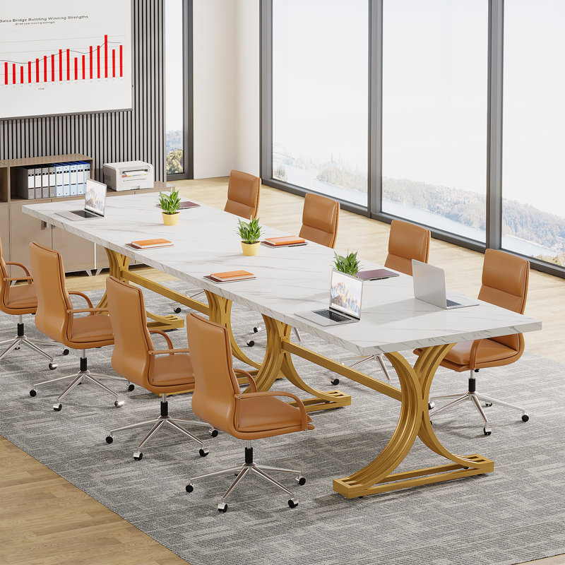Aceson 160cm Office Desk, Rectangle Executive Desks with Stylish Gold Legs, Wood Faux Marble Desk