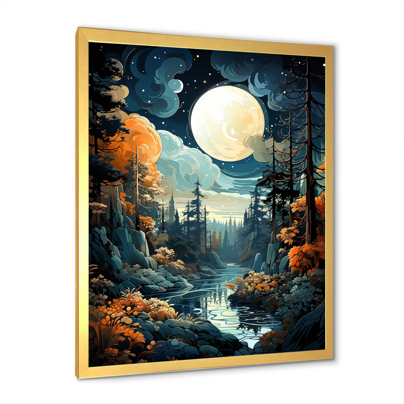 «Moonlight River Retreat Into The Forest IV», art mural forêt et rivière, Cadre photo doré simple, H 32 po x l 16 po x P 1 po