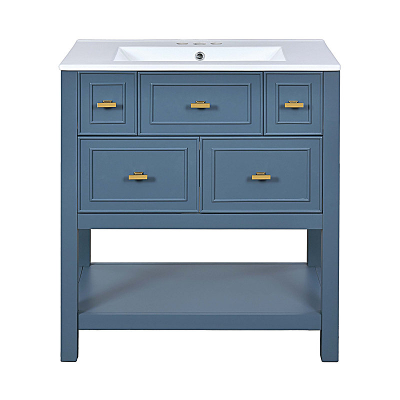 Armoire de salle de bain 30 po avec lavabo en céramique 30 po et 5 tiroirs, Bleu