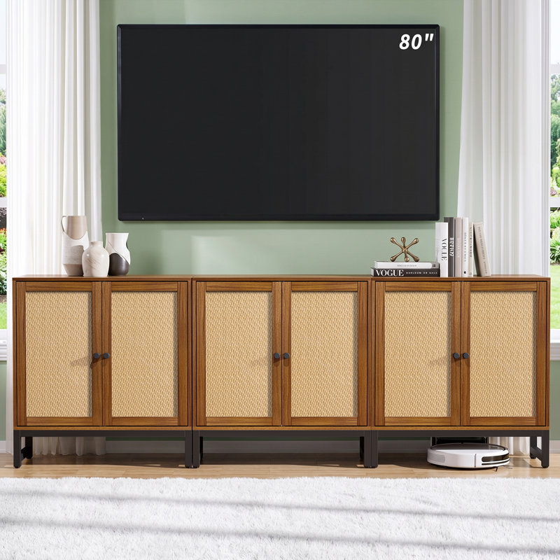 94.5" W Set of 3  Walnut Rattan Buffet Sideboard with 6 Doors – Large Mid-Century Modern Storage Cabinet for Kitchen, Living & Dining Room