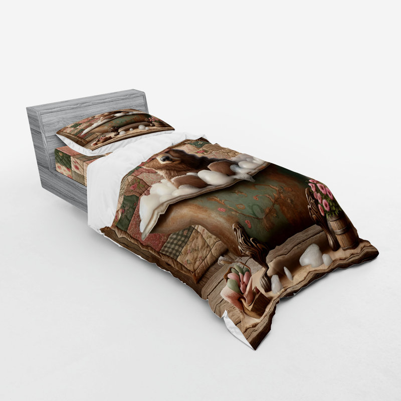 Queen Chocolate Rose Green Rustic Bear Duvet Cover Set