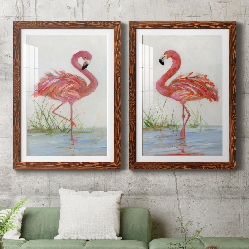 Flamingo I - ensemble de 2 peintures, H 24 po x l 36 po, Papier dans un cadre photo, Érable