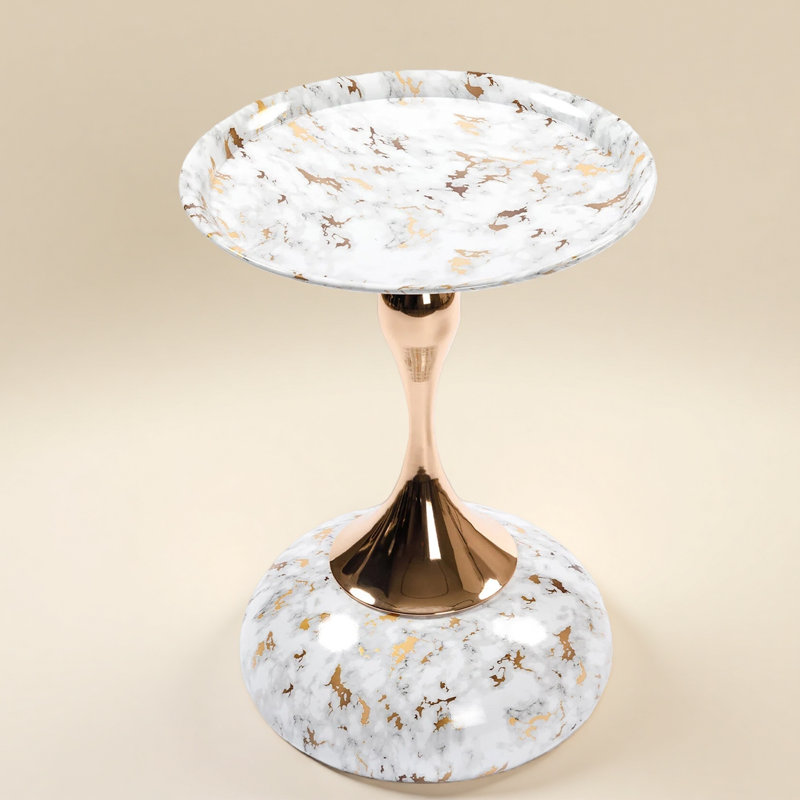 Modern Metal Round Tray Side Table With Pedestal Base, White Gold Marble 
