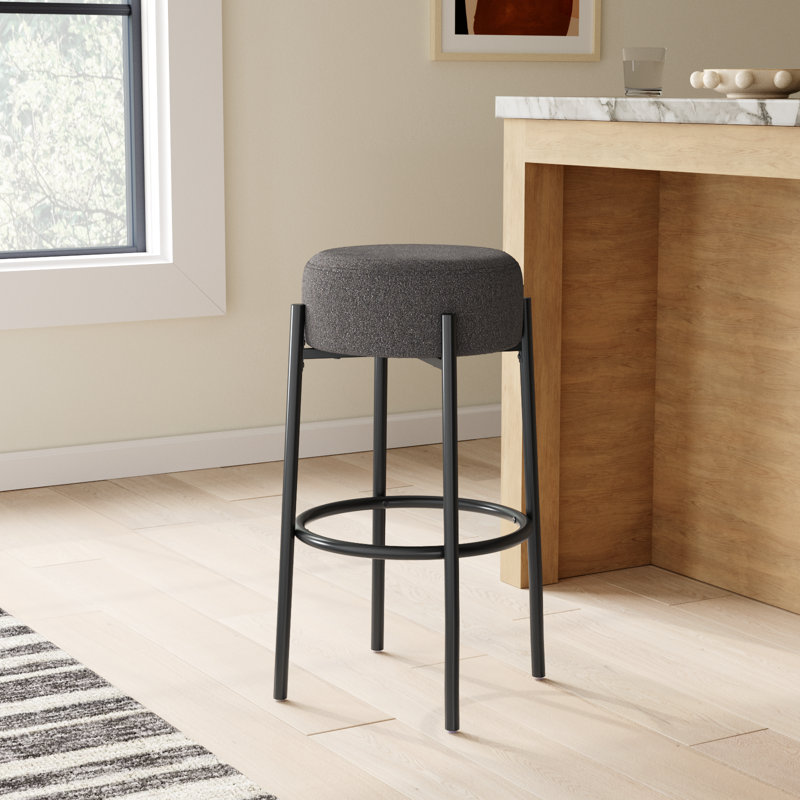 Colombe Upholstered Stool with Metal Frame, Counter Stool (26.3" Seat Height), Boucle-Charcoal