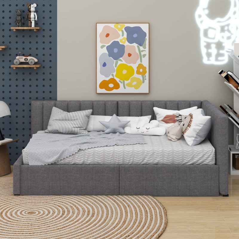 Lit de jour simple tapissier avec 2 tiroirs de rangement, Gris