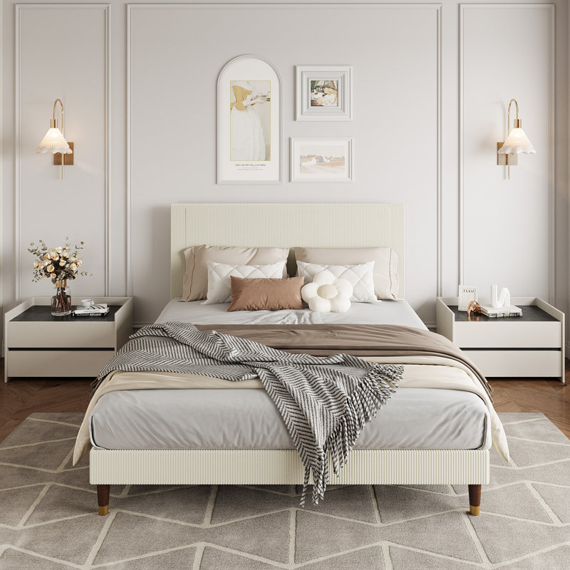 Structure de lit tapissier avec tête de lit Corduroy - Design minimaliste, lattes en bois robustes, sans bruit, aucun sommier nécessaire, assemblage facile - mobilier de chambre à coucher