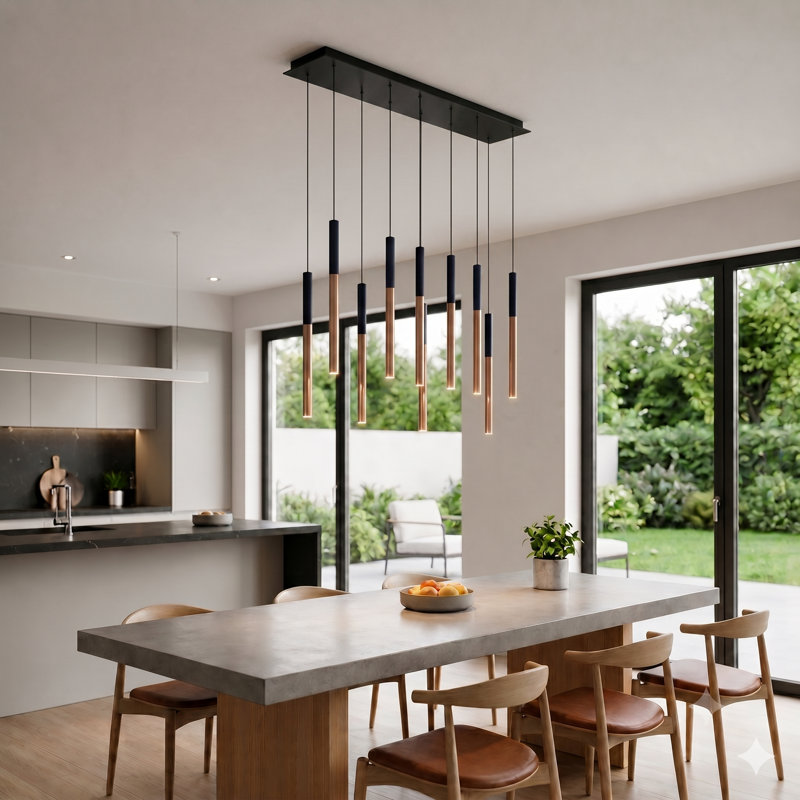 Luminaire suspendu linéaire à 10 lumières pour îlot de cuisine Baileyton, Dessus noir / cuivre brossé