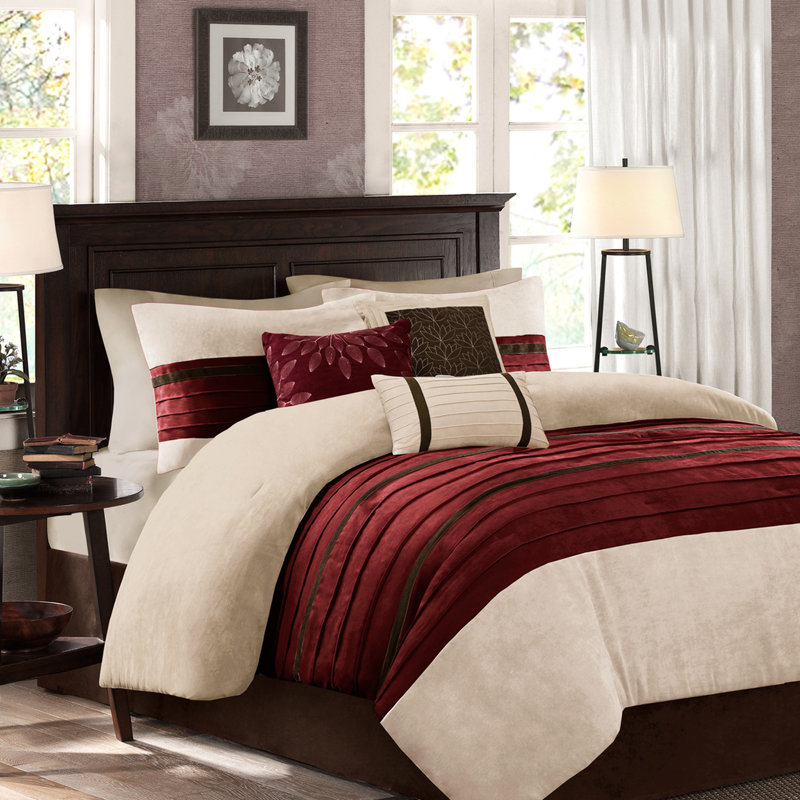 7 Piece Queen Bedding Red - Faux Suede Cozy Fill Ornamental Pillows Machine Washable Size Comforter Core Decorative And Fashionable